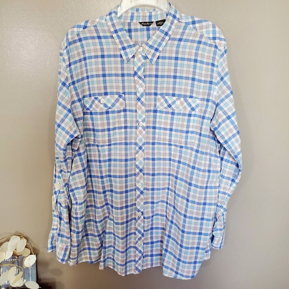 Eddie Bauer Seattle USA Button Up Shirt Mens Size XXL Blue White Tan Check